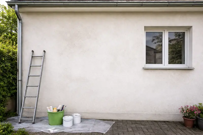 Pared exterior de vivienda lista para aislar y pintar con escalera y herramientas de trabajo