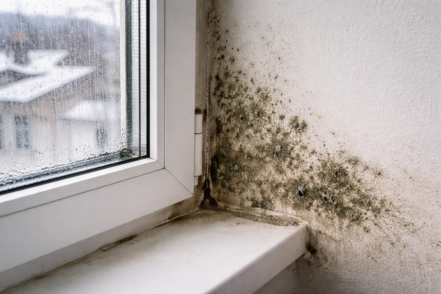 Se l'isolamento dell'involucro di un edificio è effettuato con cappotti sintetici non traspiranti si forma muffa e condensa, come mostra la foto