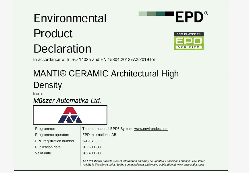 Declaración Ambiental de Producto EPD de Manti Ceramic Architectural High Density (Alta Densidad)
