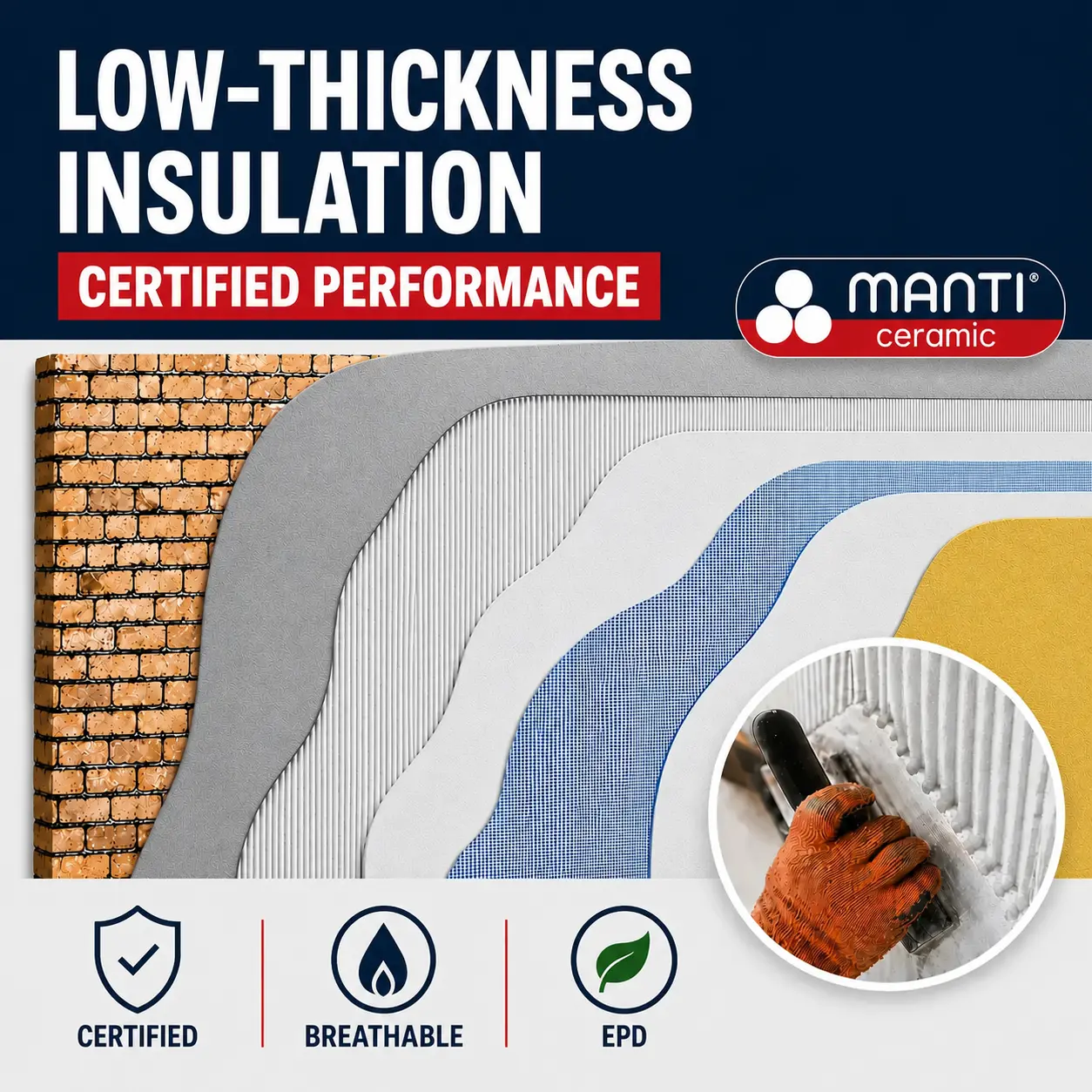 Manti Ceramic low-thickness thermal insulation with certified performance, breathable properties and EPD documentation.