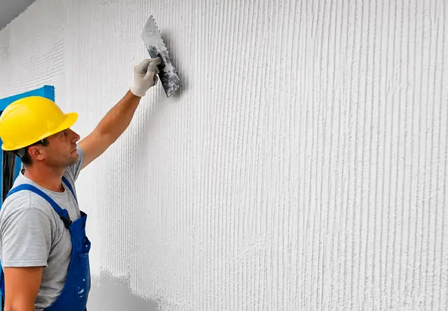 Operaio applica isolamento termico a basso spessore Manti Ceramic su facciata esterna con spatola.