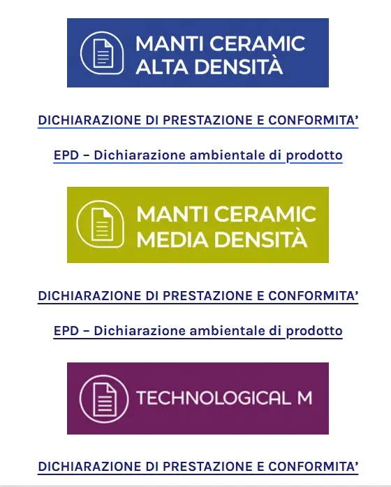 Documentazione tecnica Manti Ceramic con Dop degli isolanti nanotecnologici Alta Densità, Media Densità e Technological M.