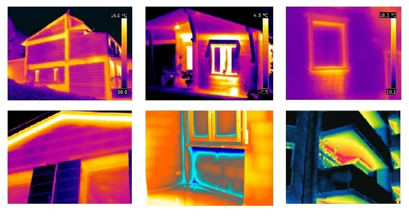 Termografie di edifici con dispersioni termiche e ponti termici su facciate, balconi e serramenti in relazione agli interventi di microcappotto per Case Green
