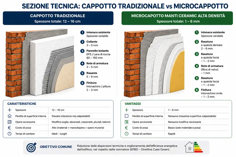 Sezione tecnica comparativa tra cappotto termico tradizionale e microcappotto Manti Ceramic Alta Densità a basso spessore per isolamento termico degli edifici