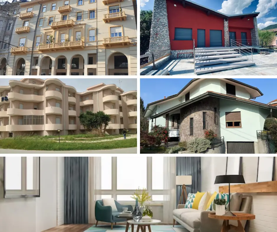 Esempi di edifici residenziali, commerciali e interni dove possono essere applicati i microcappotti Manti Ceramic a basso spessore.