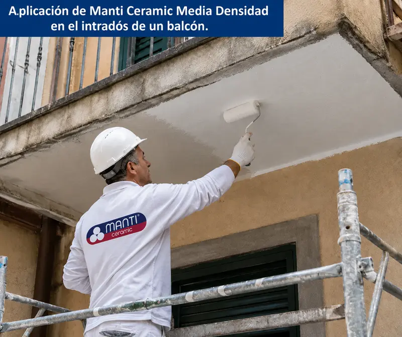 Corrección de puentes térmicos: operario aplicando Manti Ceramic Media Densidad con rodillo en el intradós de un balcón.