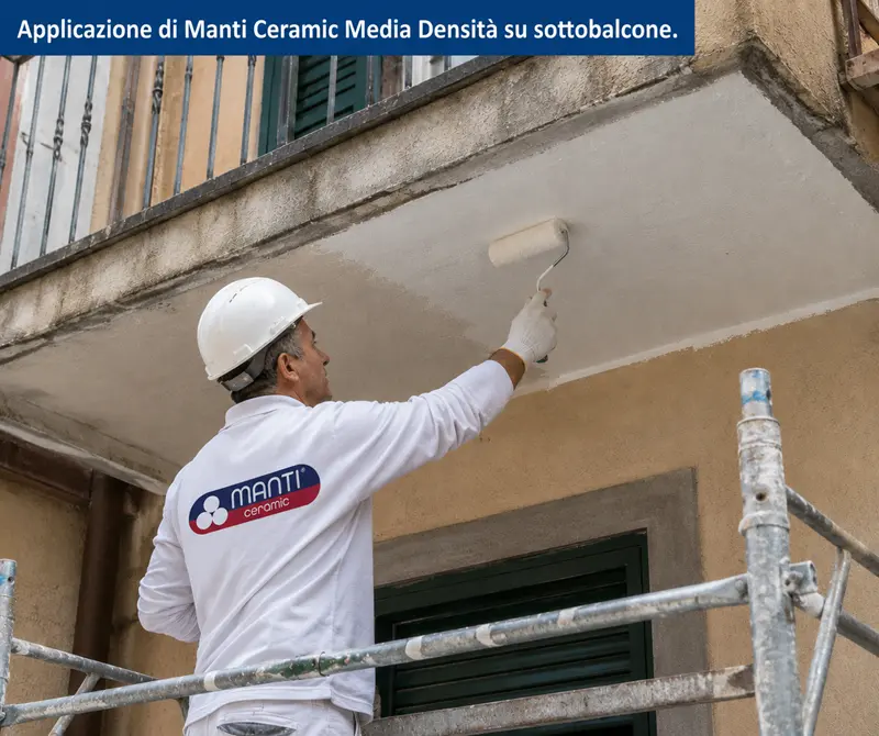 Operaio su ponteggio che applica Manti Ceramic Media Densità con rullo sul sottobalcone di un edificio per la correzione dei ponti termici