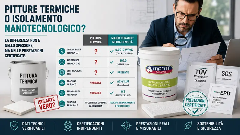 Confronto tecnico tra pitture termiche e Manti Ceramic Media Densità con certificazioni e dati prestazionali verificabili.
