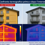 Confronto termografico di una casa con balconi prima e dopo l'applicazione di Manti Ceramic, con riduzione delle dispersioni termiche e attenuazione dei ponti termici