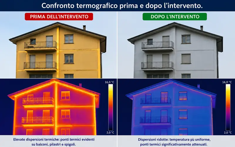 Confronto termografico di una casa con balconi prima e dopo l'applicazione di Manti Ceramic, con riduzione delle dispersioni termiche e attenuazione dei ponti termici