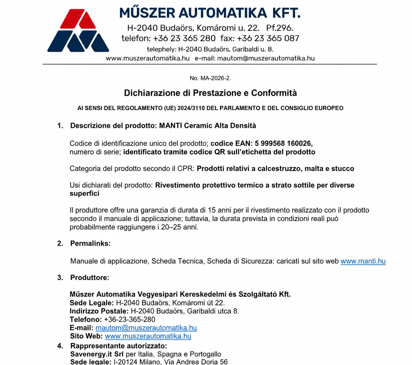Esempio di DoPC Manti Ceramic Alta Densità conforme al Regolamento (UE) 2024/3110, utilizzato per spiegare la differenza tra DoP e DoPC.