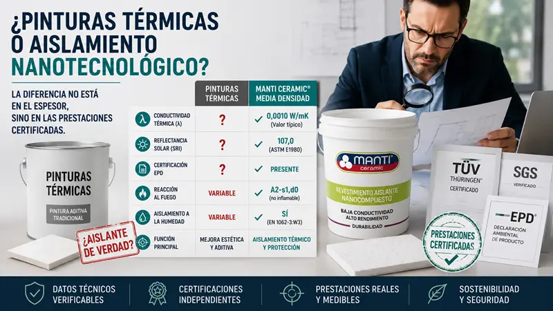 Pinturas térmicas o aislamiento nanotecnológico: comparativa técnica entre pintura térmica y Manti Ceramic Media Densidad con certificaciones y prestaciones verificadas.