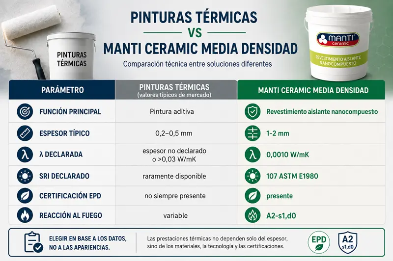 Comparativa técnica entre pinturas térmicas y Manti Ceramic Media Densidad con datos de espesor, conductividad térmica, SRI y certificaciones.