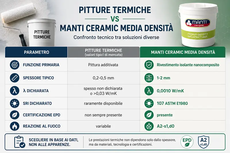 Confronto tra pitture termiche e Manti Ceramic Media Densità con dati tecnici, certificazioni e prestazioni dichiarate.