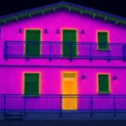 Comparación termográfica de aislamiento en un edificio residencial de Cesena que muestra una distribución uniforme de las temperaturas superficiales en la fachada.
