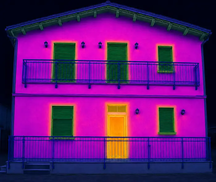Comparación termográfica de aislamiento en un edificio residencial de Cesena que muestra una distribución uniforme de las temperaturas superficiales en la fachada.