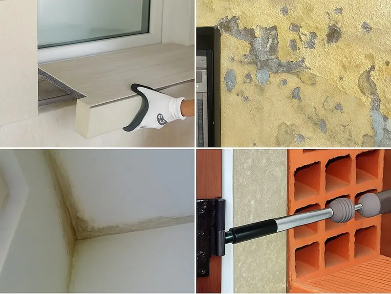 Collage con esempi di ponti termici, muffa, degrado delle murature, davanzale isolato e fissaggio meccanico di una parete: aspetti da valutare nel confronto tra materiali isolanti.