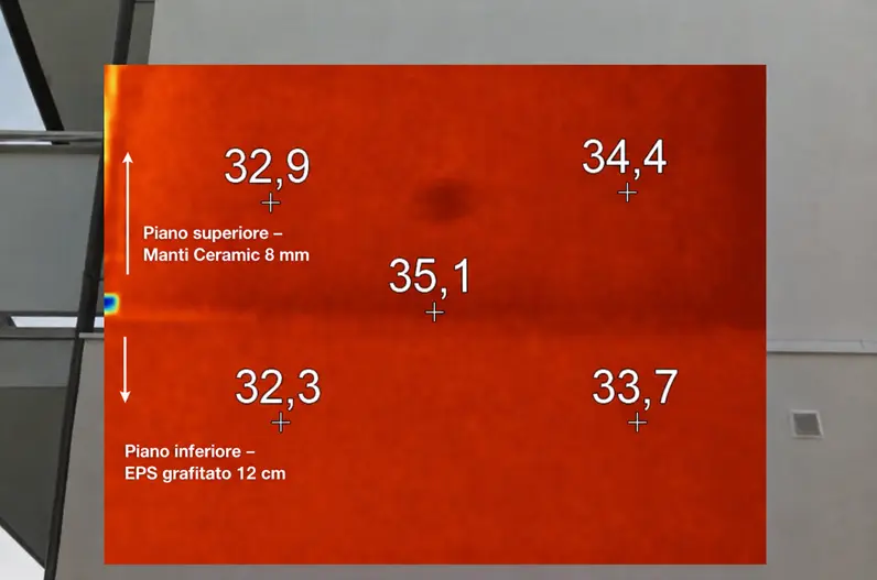 Dettaglio del confronto termografico isolamento con la linea di separazione tra il piano superiore trattato con Manti Ceramic e il piano inferiore isolato con EPS grafitato.