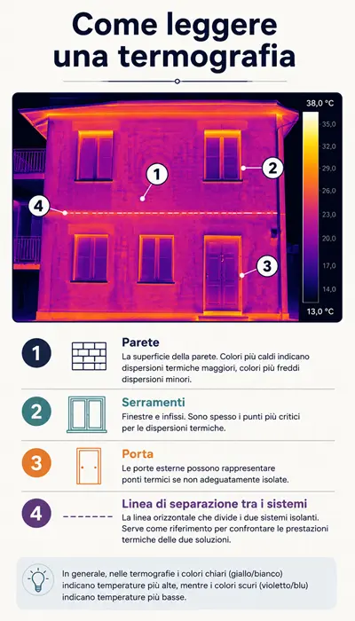 Come leggere una termografia nel confronto termografico isolamento tra pareti, serramenti, porta e linea di separazione dei sistemi isolanti.
