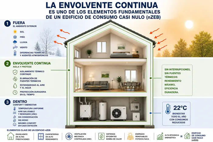 Esquema de la envolvente continua en un edificio de consumo casi nulo, mostrando cómo el aislamiento continuo mejora la eficiencia energética y el confort durante todo el año.