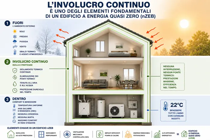 Schema dell'involucro continuo di un edificio a energia quasi zero (nZEB) con isolamento continuo, comfort interno e riduzione delle dispersioni termiche.