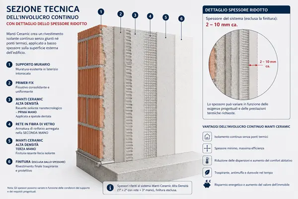 Sezione tecnica dell'involucro continuo Manti Ceramic con dettaglio dello spessore ridotto di 2-10 mm (finitura esclusa).