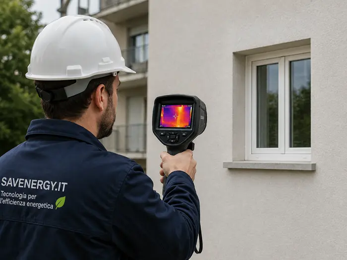 Técnico realizando una inspección termográfica en la fachada de un hotel para detectar pérdidas de calor y puentes térmicos.