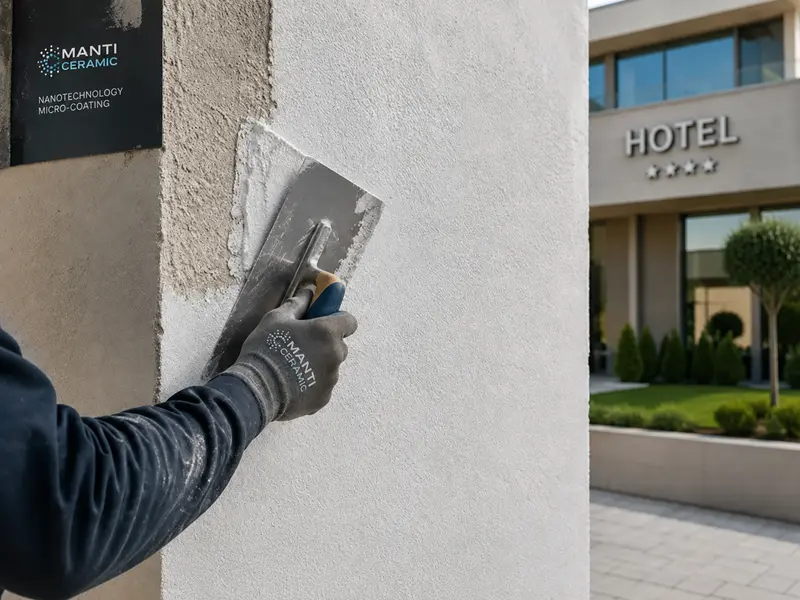 Hotel thermal insulation with Manti Ceramic micro-coating applied to an external wall.