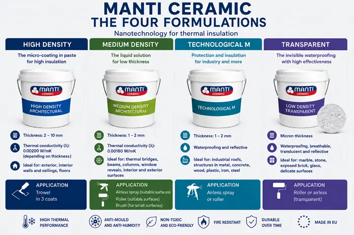 Hotel thermal insulation solutions with the four Manti Ceramic formulations for walls, roofs, thermal bridges and delicate surfaces.