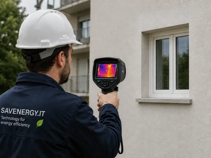 Hotel thermal insulation survey using a thermal imaging camera on an external wall.