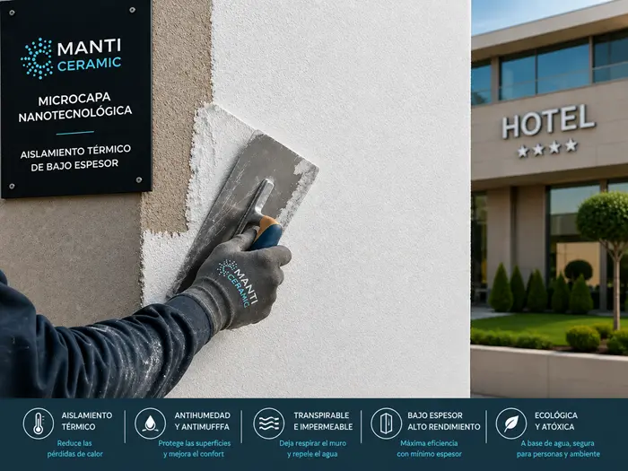 Aplicación de la microcapa nanotecnológica Manti Ceramic sobre la fachada de un hotel para mejorar el aislamiento térmico con un sistema continuo de bajo espesor.