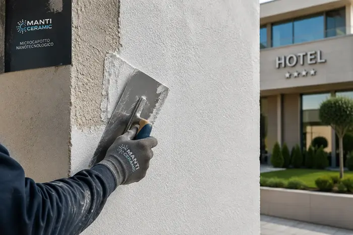 Applicazione a spatola del microcappotto Manti Ceramic su una parete esterna durante un intervento di isolamento termico di un hotel.
