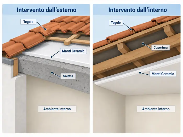 Aislamiento térmico de tejados con Manti Ceramic desde el exterior sobre la losa y desde el interior en el intradós de la cubierta.
