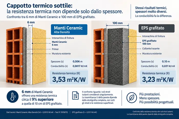 Confronto della resistenza termica tra 6 mm del cappotto termico sottile Manti Ceramic e 100 mm di EPS grafitato