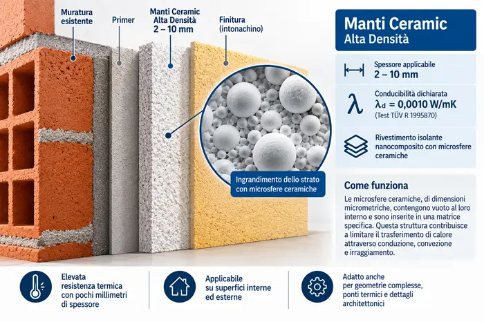 Stratigrafia del microcappotto Manti Ceramic Alta Densità con microsfere ceramiche, primer e finitura