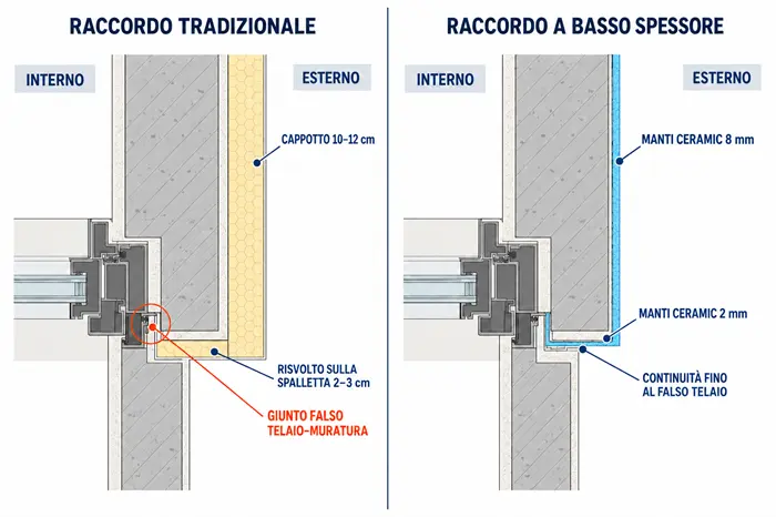 Confronto del nodo serramento con cappotto tradizionale e isolamento a basso spessore Manti Ceramic