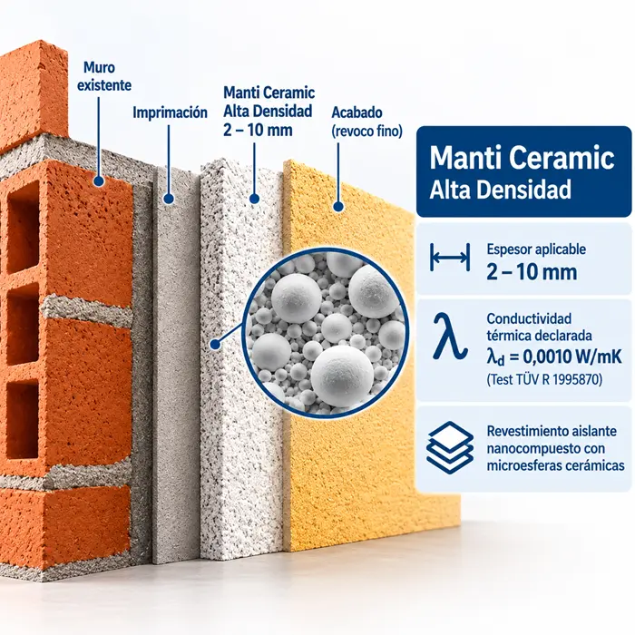 Estratigrafía de SATE fino con Manti Ceramic Alta Densidad, aplicado en 2–10 mm sobre un muro existente