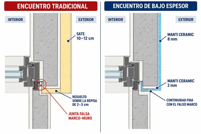 Comparación del puente térmico en el encuentro ventana-muro entre SATE tradicional y Manti Ceramic de bajo espesor