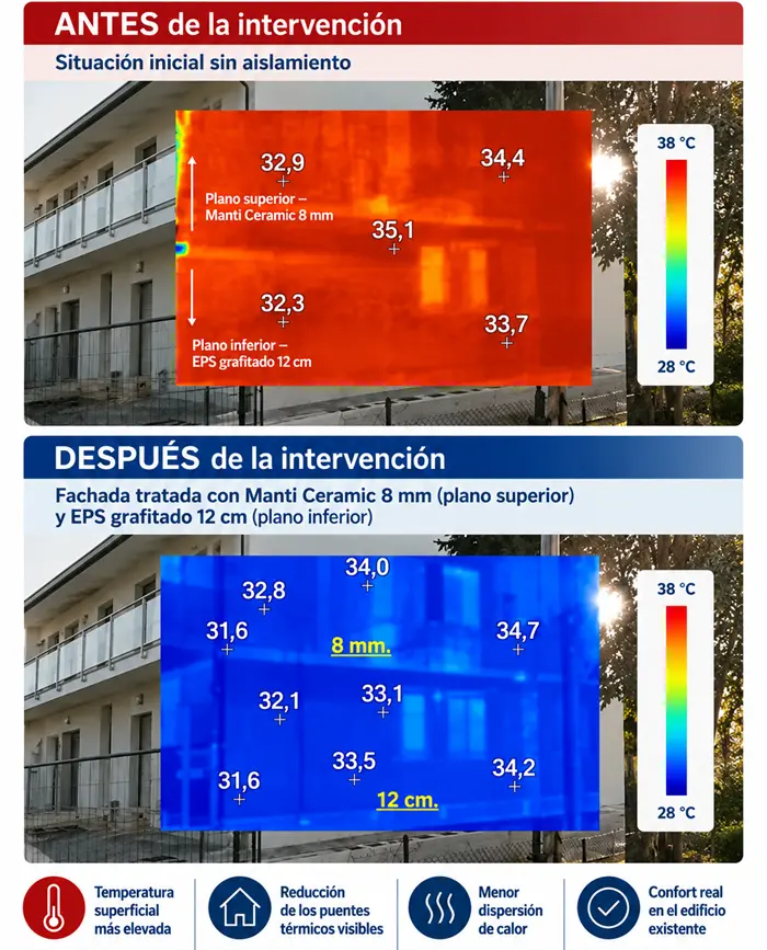 Termografía antes y después del aislamiento con Manti Ceramic de 8 mm y EPS grafitado de 12 cm