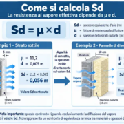 Infografica sul calcolo di Sd con formula Sd = μ × d e confronto tra uno strato isolante sottile e un pannello di maggiore spessore.
