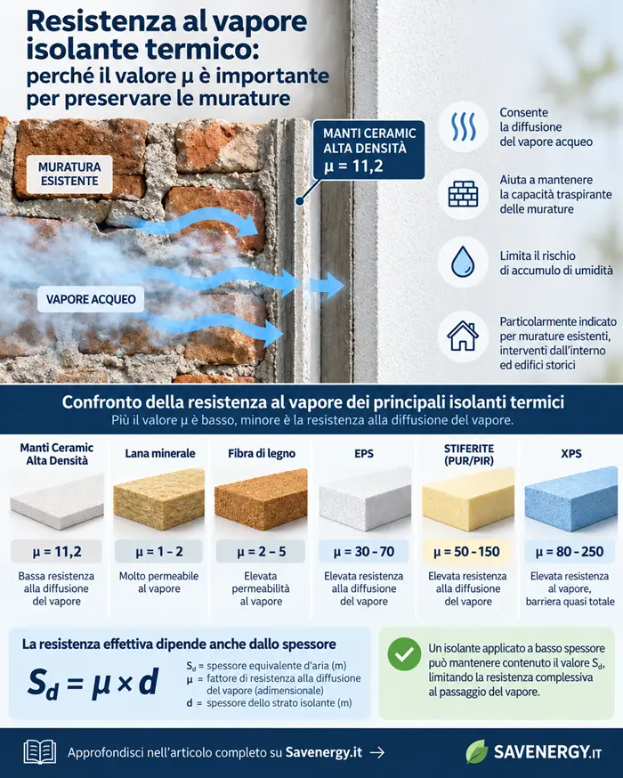 Confronto della resistenza al vapore degli isolanti termici con valori μ di Manti Ceramic, lana minerale, fibra di legno, EPS, PIR e XPS.